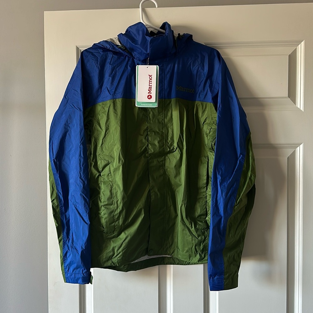 blue and green rain coat